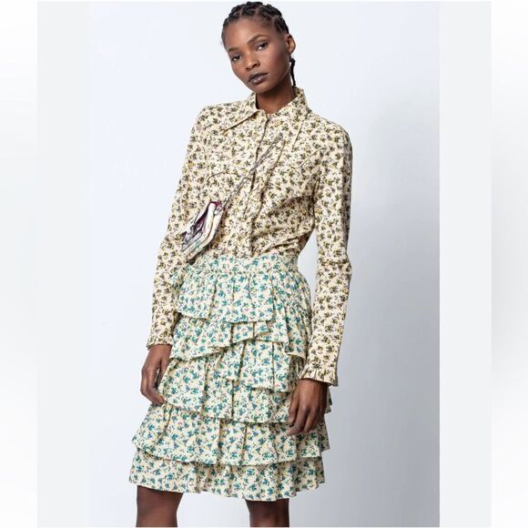 Zadig & Voltaire Joker Print Floral Tiered Ruffle Pencil Skirt Size 36 New - Picture 1 of 15